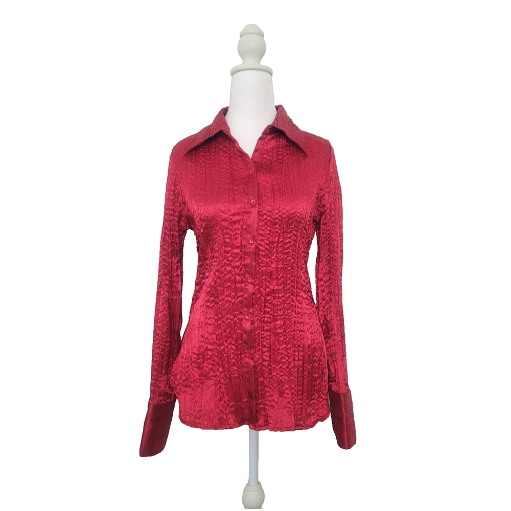 Vintage Anxiety Satin Accordion Button Up Shirt Size M Red Vamp Whimsigoth Y2k